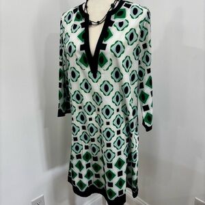 Spring/Summer Dress Blue Green Black Womens Size Med V-Neck 3/4 Sleeves Flowy